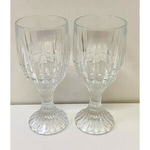 Unmarked Clear Faceted Glass Goblets Stemware Set of 2, 8 in Tall
